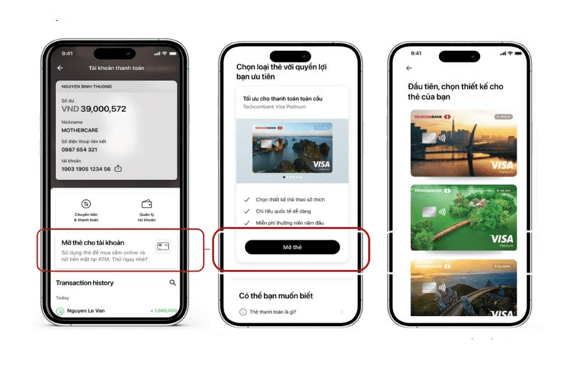 Mở thẻ mới cho tài khoản trên Techcombank Mobile.