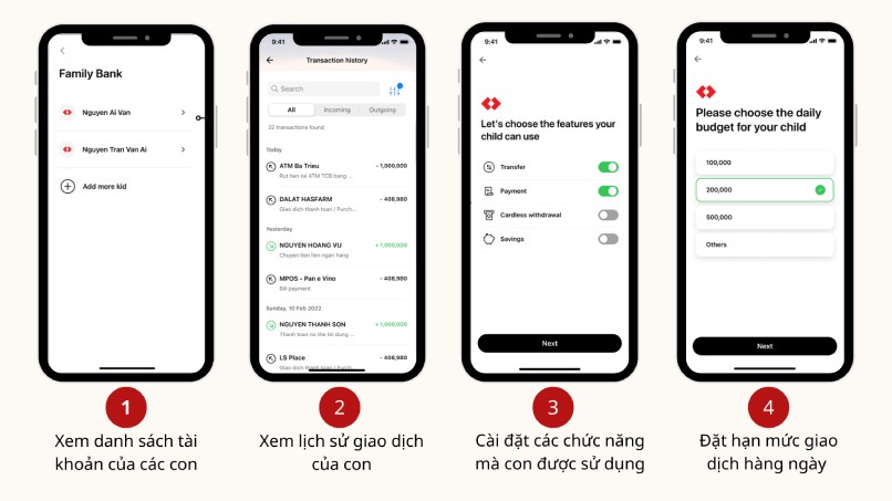 Techcombank Family cho phép bố mẹ liên kết với tài khoản của con để dễ dàng quản lý chi tiêu.