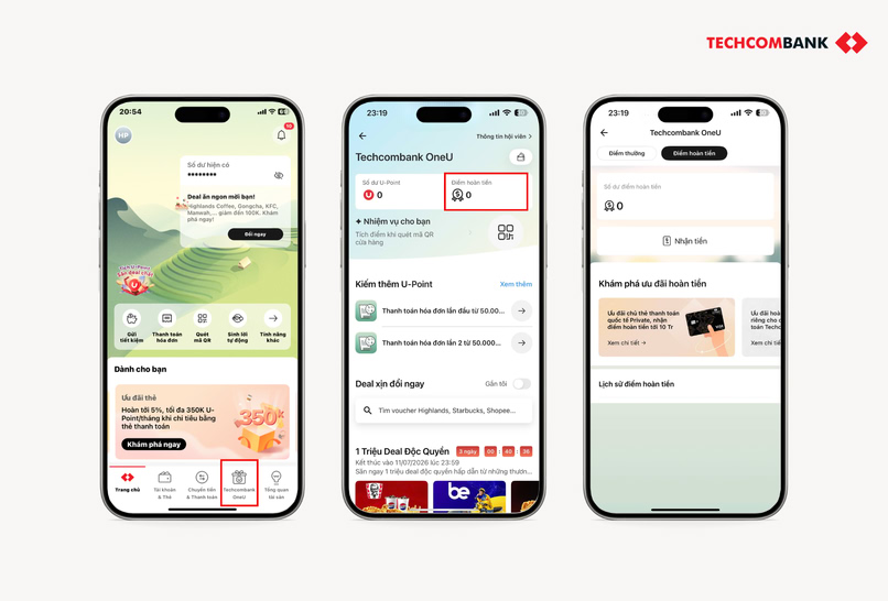 Kiểm tra số tiền được hoàn trực tiếp trên Techcombank Mobile.