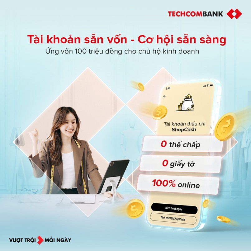 Sản phẩm ShopCash tín chấp cung cấp nguồn vốn nhanh chóng, trực tiếp vào tài khoản Techcombank Mobile của hộ kinh doanh.