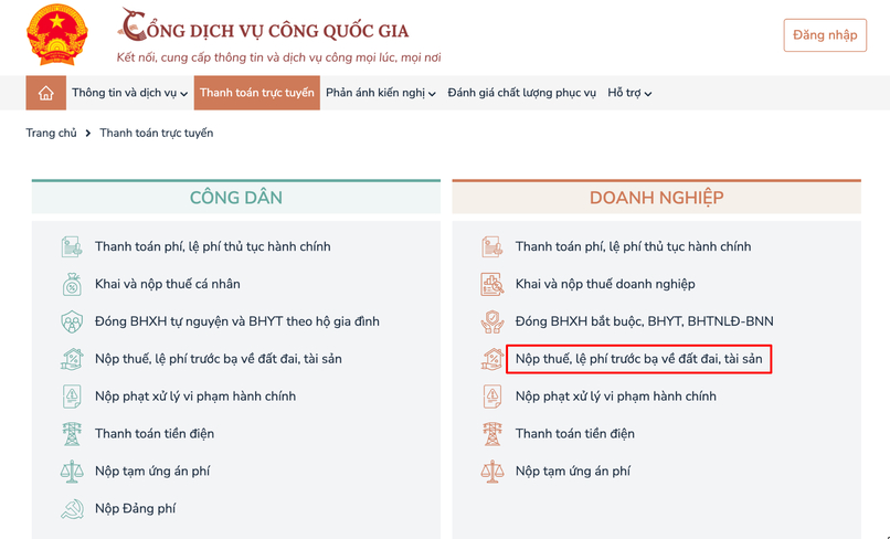 Nộp thuế qua Cổng Dịch vụ công quốc gia. 
