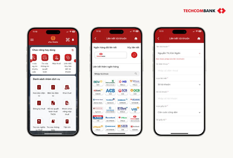 Liên kết tài khoản ngân hàng Techcombank với eTax Mobile để nhận tiền hoàn thuế thuận tiện