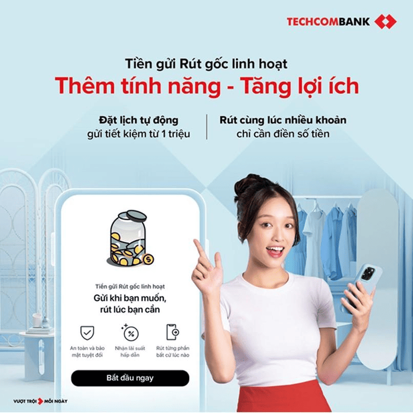 Giải pháp Tiền gửi Rút gốc linh hoạt giúp khách hàng có thể sinh lời hấp dẫn cho khoản tiền gửi mà vẫn đảm bảo sự linh hoạt, thuận tiện cho khoản tiền gửi.
