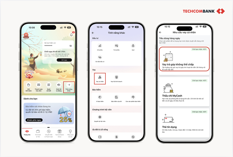 Thao tác vay tiền online nhanh chỉ cần CCCD trên Techcombank Mobile.