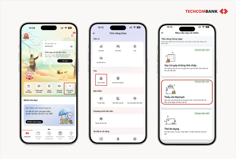 Cách vay tiền nhanh online với Tài khoản Thấu chi MyCash trên Techcombank Mobile.