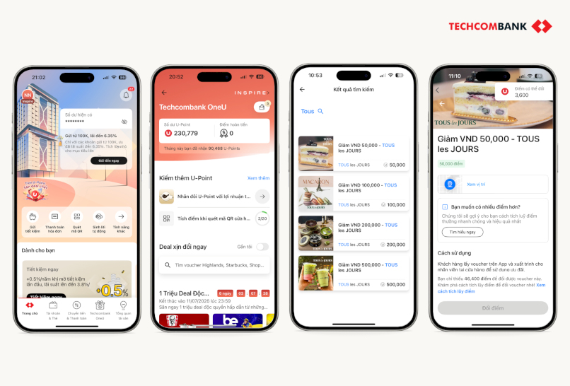 Cách lấy voucher TOUS les JOURS trên Techcombank Mobile.