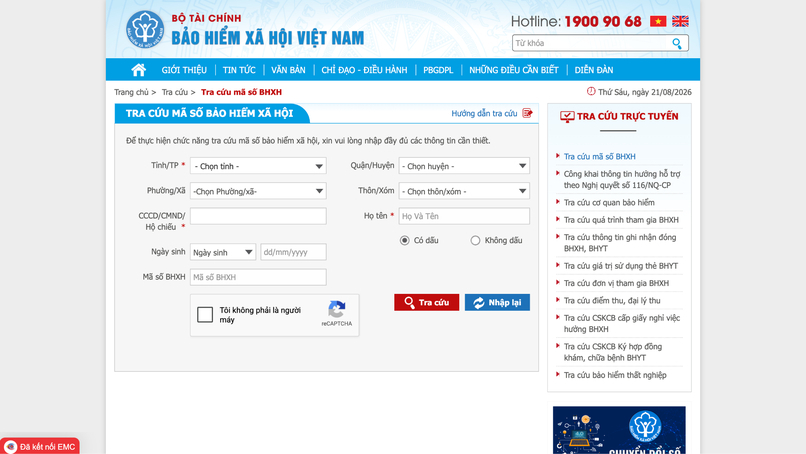 Tra cứu mã số BHXH qua website Bảo hiểm xã hội Việt Nam.