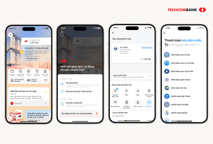 Hướng dẫn thực hiện thanh toán tiền nước online trên Techcombank Mobile.