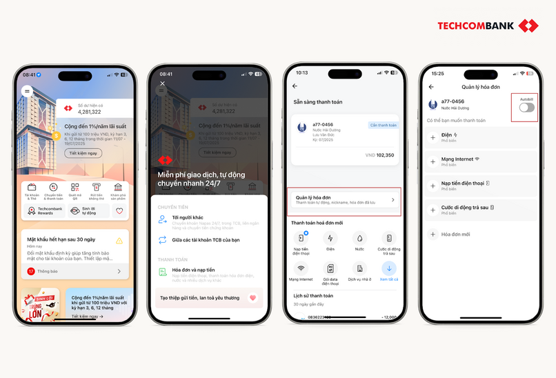 Hướng dẫn kích hoạt Autobill trên Techcombank Mobile.