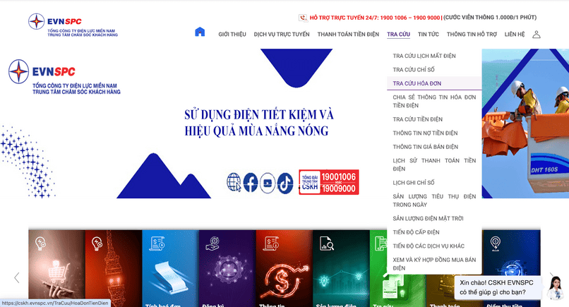 Tra cứu hoá đơn tiền điện trên website nhà cung cấp.