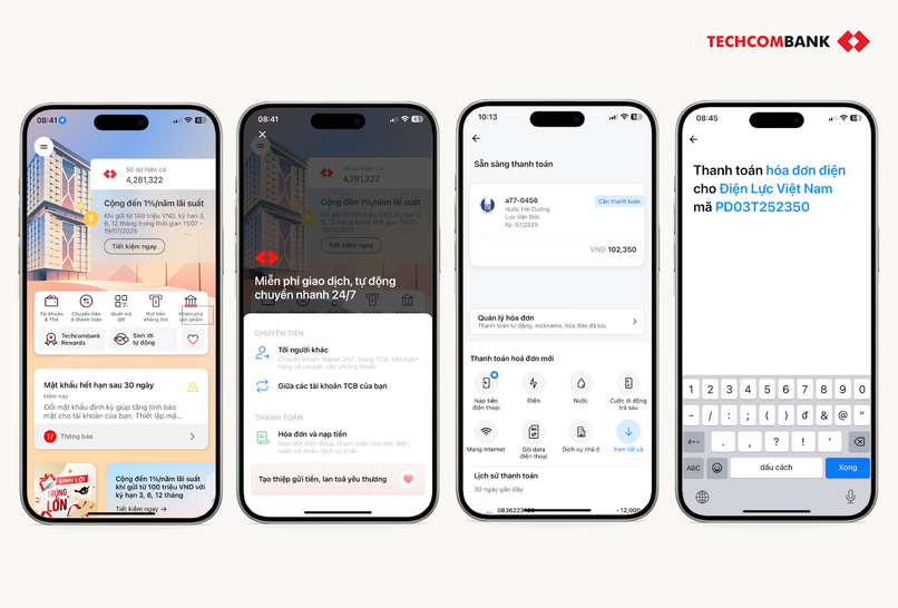 Hướng dẫn đóng tiền điện trên Techcombank Mobile.