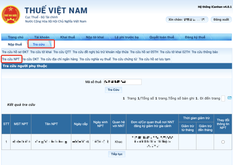 Hệ thống hiển thị danh sách người phụ thuộc cùng mã số thuế người phụ thuộc tương ứng.