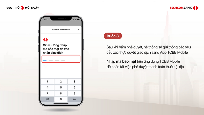 Nhập mã bảo mật trên Techcombank Business (bản mobile).