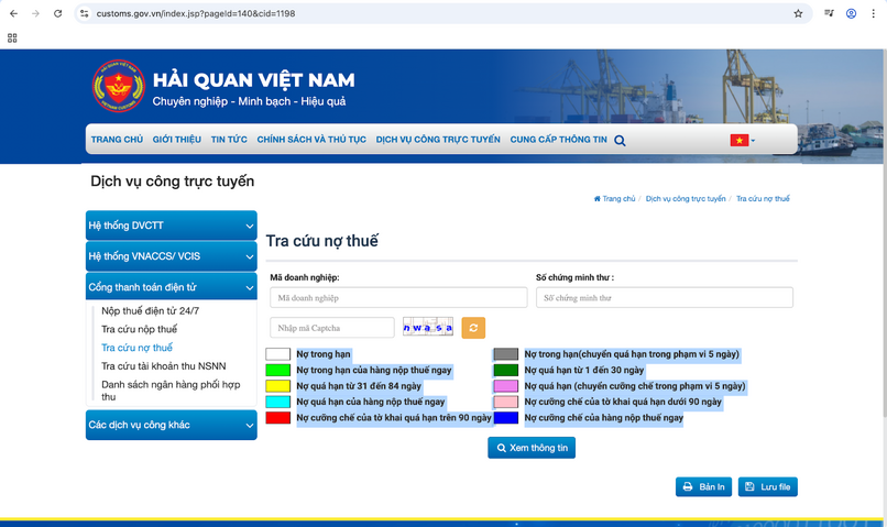 Tra cứu nợ thuế trên trang của Hải quan Việt Nam.