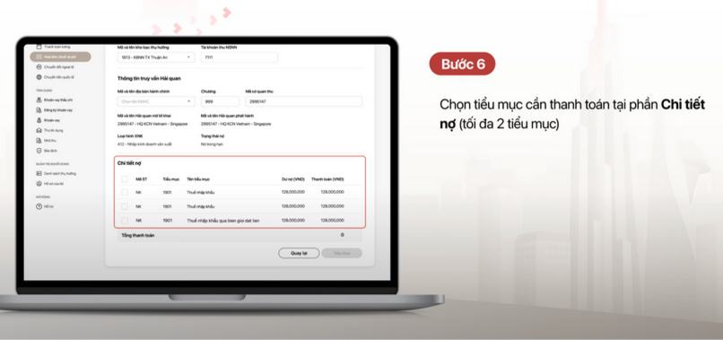 Lựa chọn tiểu mục cần thanh toán.