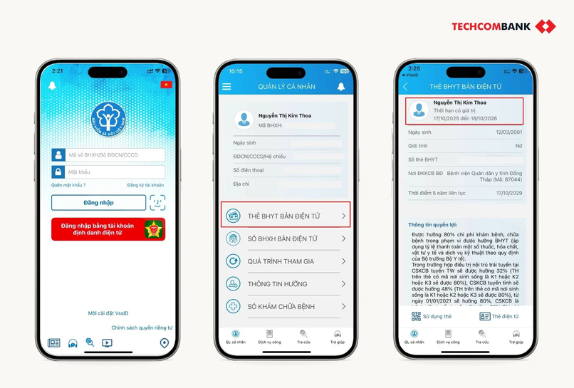 Ứng dụng VssID hiển thị thời hạn sử dụng thẻ BHYT, quyền lợi khám chữa bệnh và thời điểm đủ 5 năm liên tục.