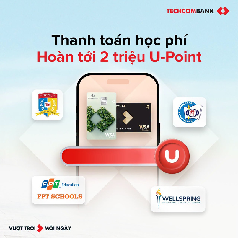 Hoàn tới 2 triệu U-Point khi thanh toán học phí với thẻ tín dụng Techcombank. 