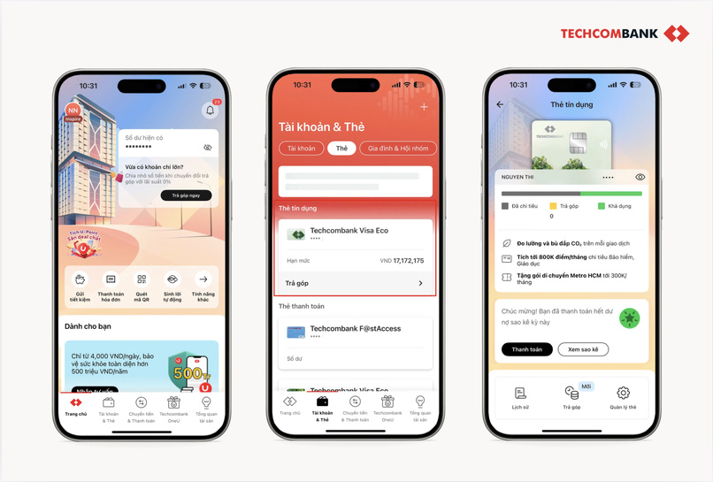 Lựa chọn tính năng trả góp trong Techcombank Mobile.