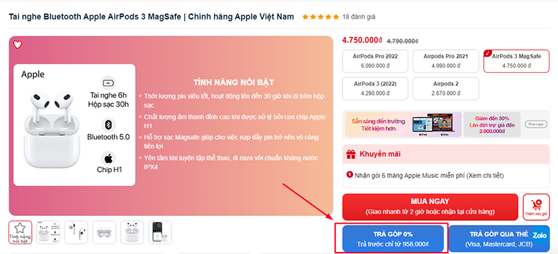 Mua AirPods thanh toán trả góp