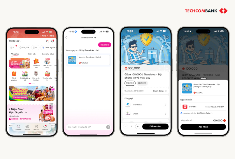 Đổi U-Point nhận voucher Traveloka trên app Techcombank OneU.