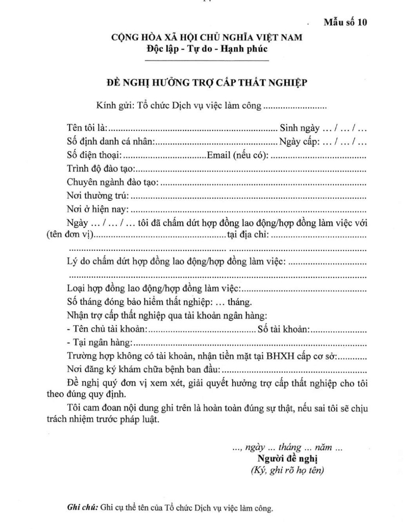 Mẫu đề nghị hưởng trợ cấp thất nghiệp.
