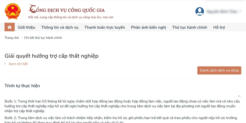 Đăng ký trợ cấp thất nghiệp qua Cổng Dịch vụ công Quốc gia.
