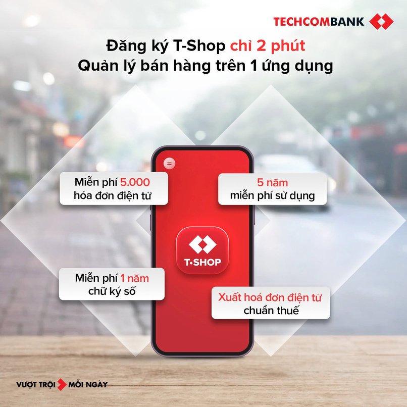 T Shop Ứng dụng Quản lý bán hàng chỉ 2 phút, tự động liên kết liền mạch với tài khoản Techcombank.
