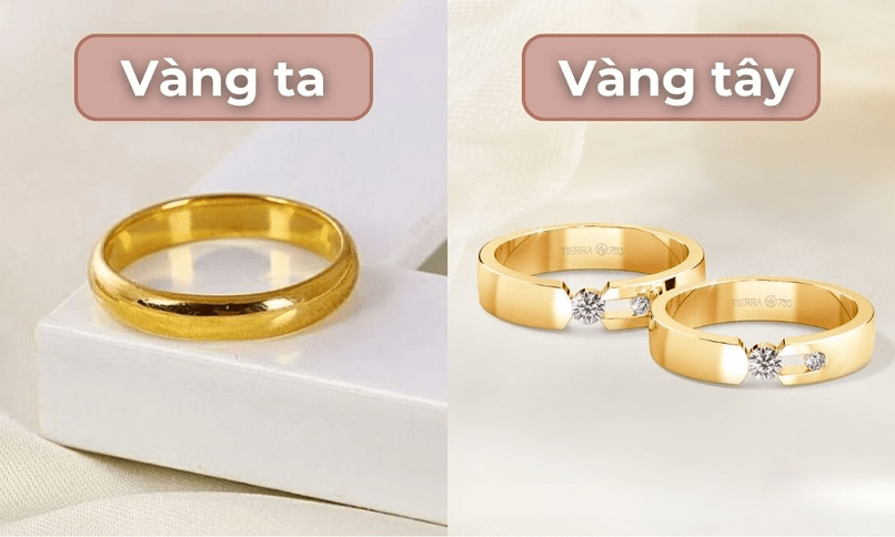 Vàng tây thường có màu vàng nhạt hơn so với vàng ta vàng 24K, vàng 9999.