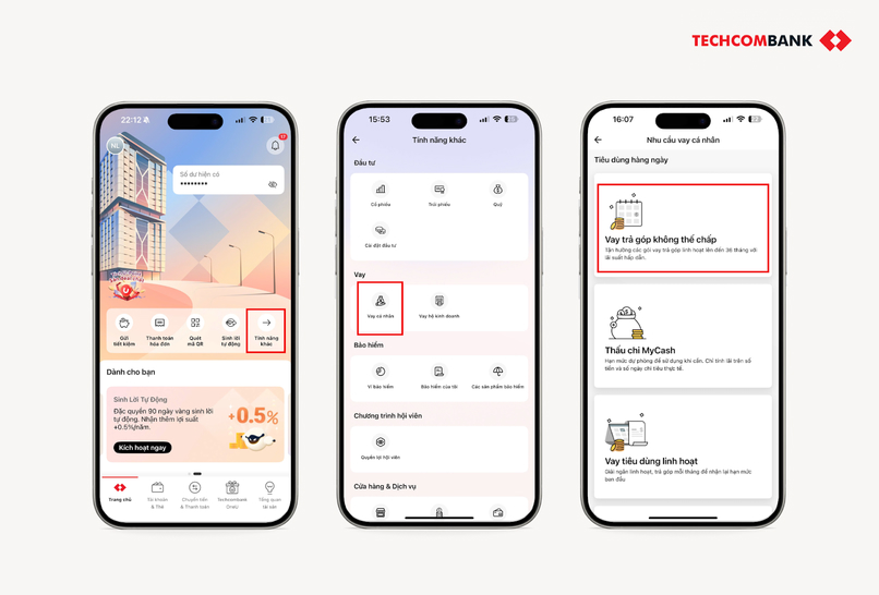 Thao tác vay online trên Techcombank Mobile.