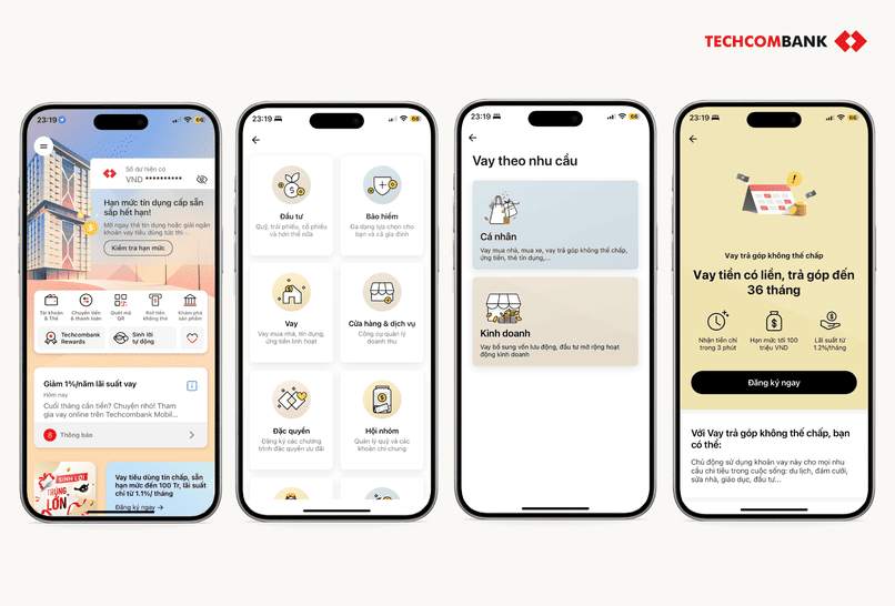 Vay nhanh trả góp không thế chấp trên Techcombank Mobile.