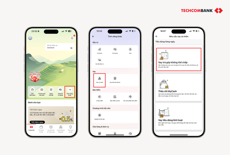 Thao tác vay tiền online nhanh chỉ cần CCCD trên Techcombank Mobile. 