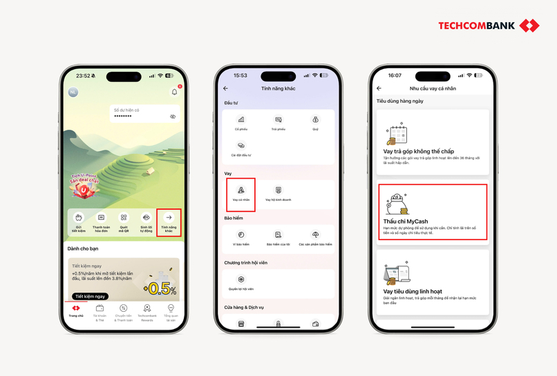 Cách vay tiền nhanh online với Tài khoản Thấu chi MyCash trên Techcombank Mobile. 