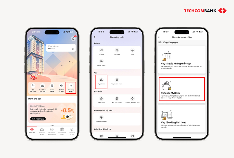 Cách vay tiền nhanh online với Tài khoản Thấu chi MyCash trên Techcombank Mobile.