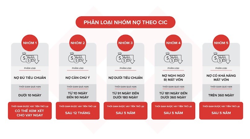 Phân loại nhóm nợ xấu theo Trung tâm Thông tin tín dụng Quốc gia Việt Nam (CIC).