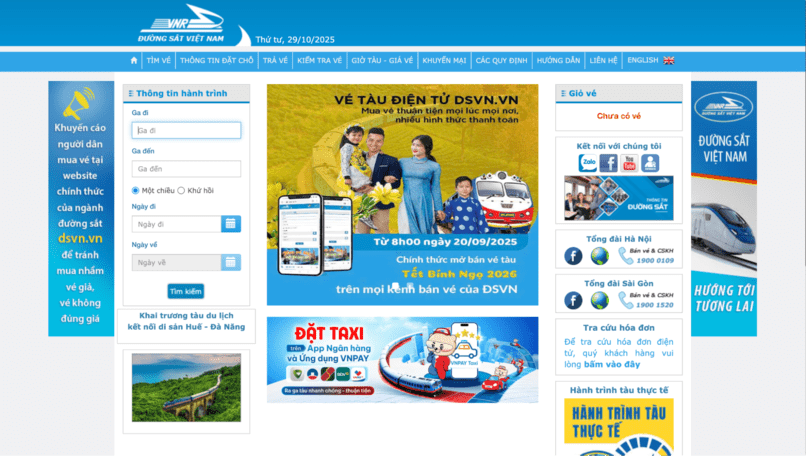 Đặt vé tàu tại website Đường Sắt Việt Nam.