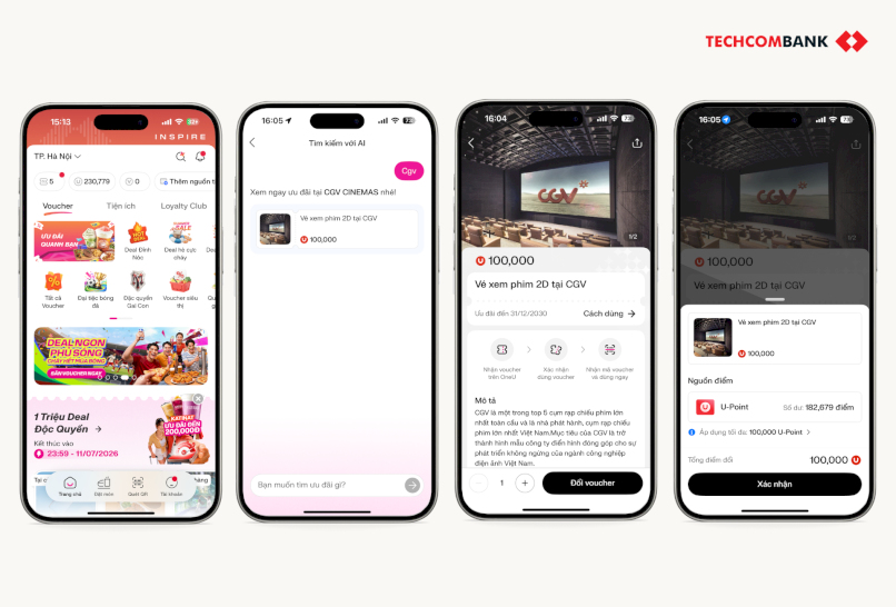 Đổi U-Point nhận voucher CGV trên app Techcombank OneU.