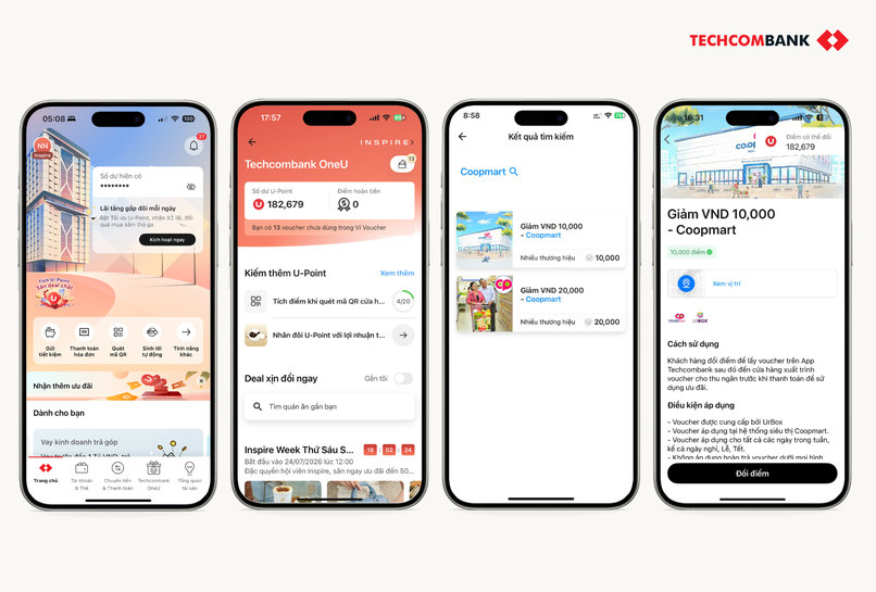 Đổi điểm U-Point nhận voucher Co.opmart trên Techcombank Mobile.