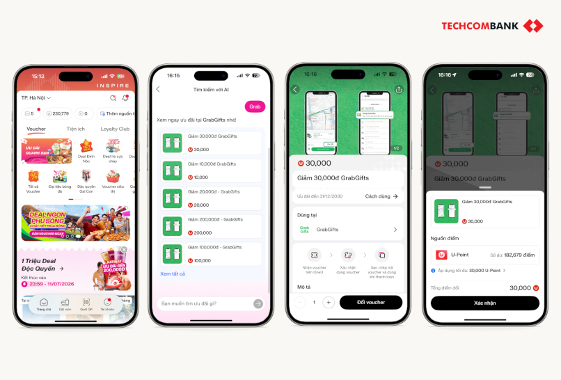 Đổi U-Point nhận voucher Grab trên app Techcombank OneU. 