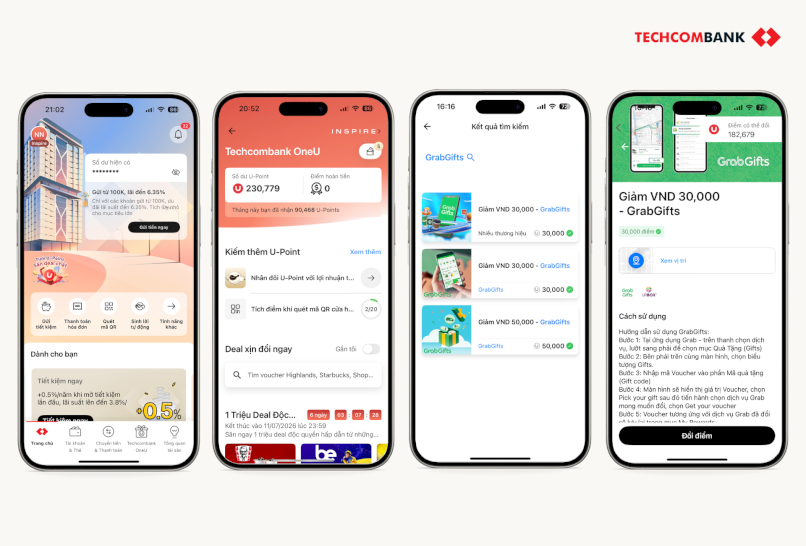 Đổi điểm U-Point nhận voucher Grab trên Techcombank Mobile. 