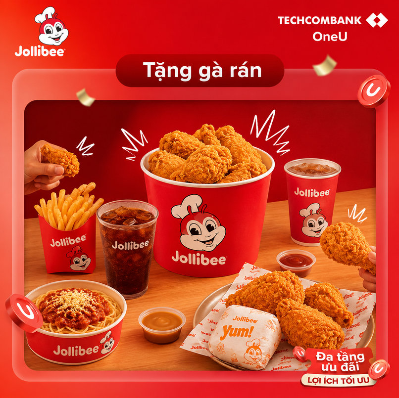 Thưởng thức đại tiệc gà rán Jollibee với voucher từ Techcombank OneU.
