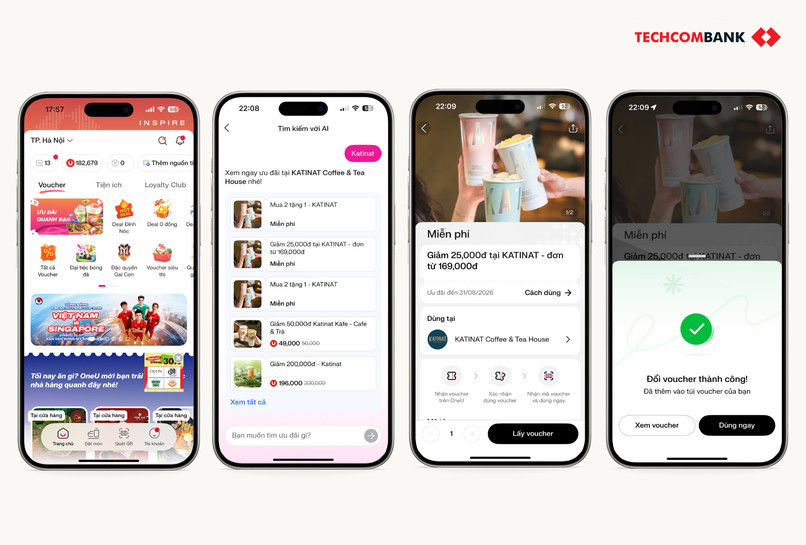 Cách lấy voucher Katinat trên Techcombank Mobile. 
