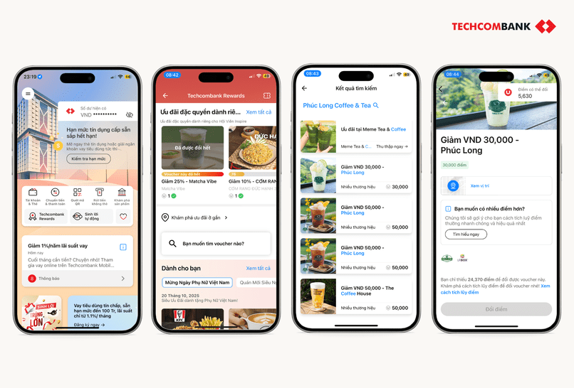 Đổi voucher Phúc Long với Techcombank Rewards.