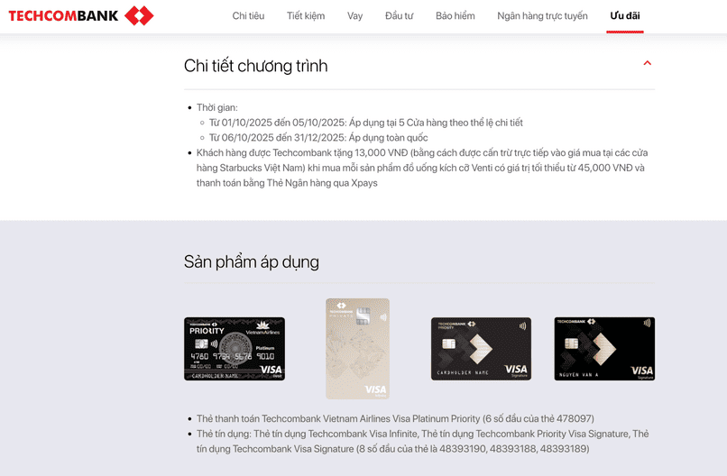 Loại thẻ áp dụng voucher Starbucks.