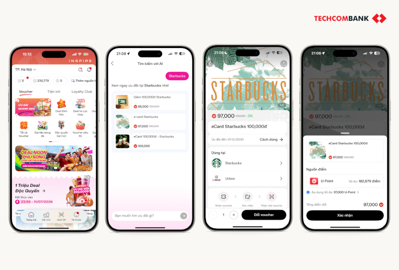 Đổi U-Point nhận voucher Starbucks trên app Techcombank OneU.  