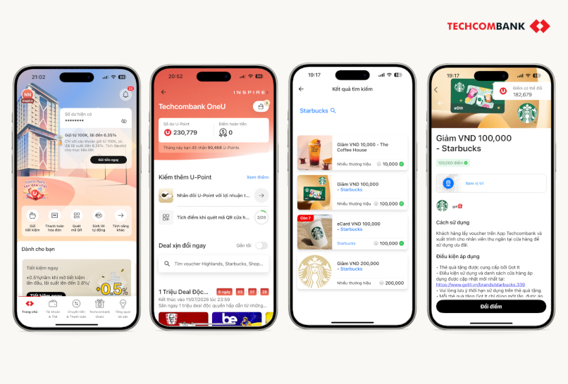 Hướng dẫn đổi điểm U-Point lấy voucher Starbucks trên Techcombank Mobile 