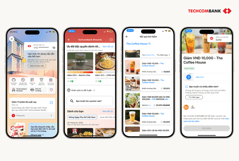 Đổi voucher The Coffee House với Techcombank Rewards.