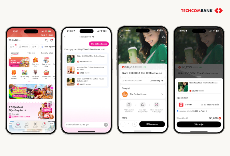 Đổi U-Point nhận voucher The Coffee House trên app Techcombank OneU.  