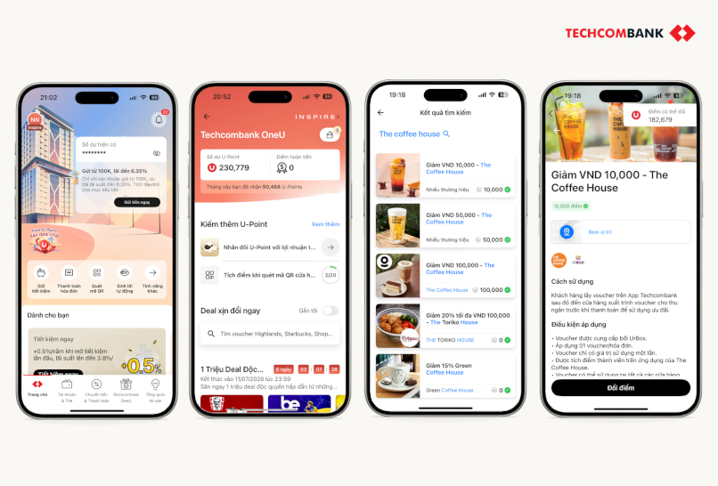 Hướng dẫn đổi điểm U-Point lấy voucher The Coffee House trên Techcombank Mobile. 