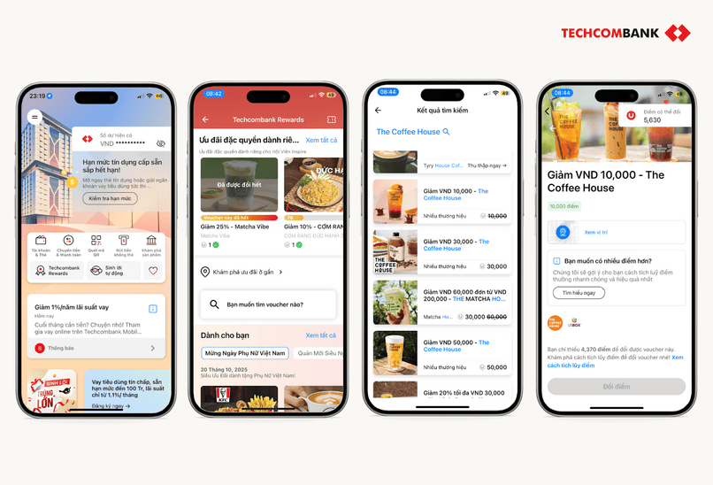 Đổi voucher The Coffee House với Techcombank Rewards.