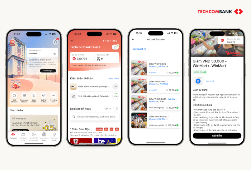 Hướng dẫn đổi điểm U-Point lấy voucher The Coffee House trên Techcombank Mobile.